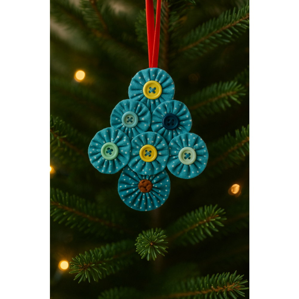Handmade Yo-Yo Button Christmas Tree Ornament Blue Polka Dot Holiday Decor